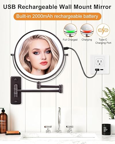 Miniatura 2 de DECLUTTR Espejo de maquillaje iluminado montado en la pared de 9 pulgadas, espejo de aumento de doble cara 1x10x, espejo de maquillaje iluminado de