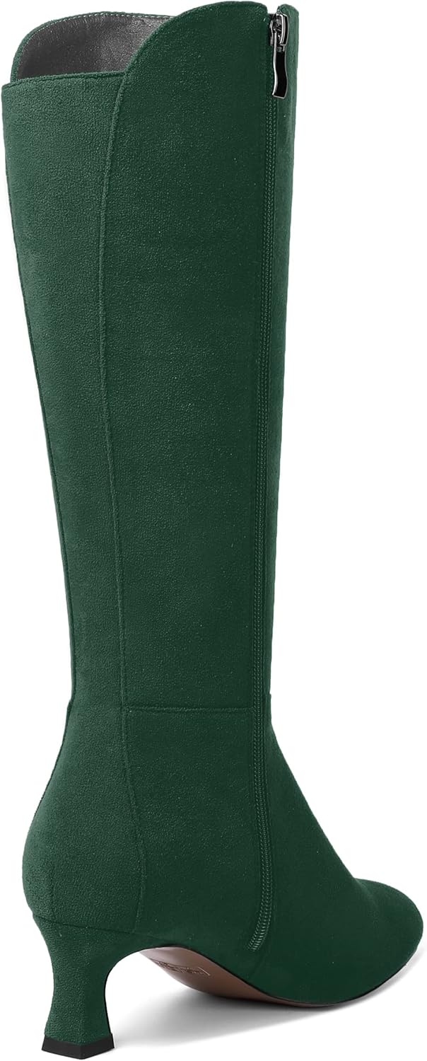 AMBELIGHT Womens Dress Suede Dating Pointed Toe Dress Boots Zip Kitten Low Heel Mid Calf Boots 2 Inch