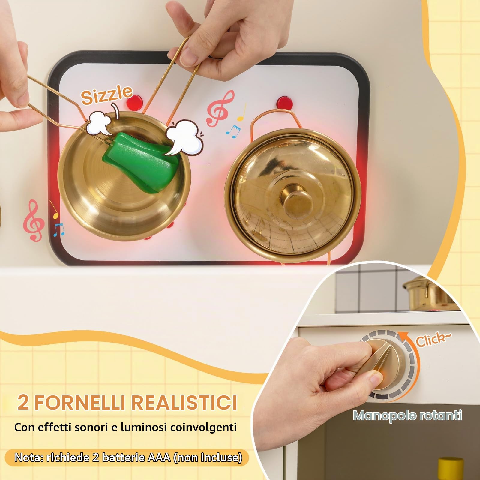 FANTASK Cucina in legno per bambini, angolo cucina giochi con rubinetto, dispenser di ghiaccio e accessori da cucina, forno a microonde, cucina giochi per bambini dai 3 anni in su