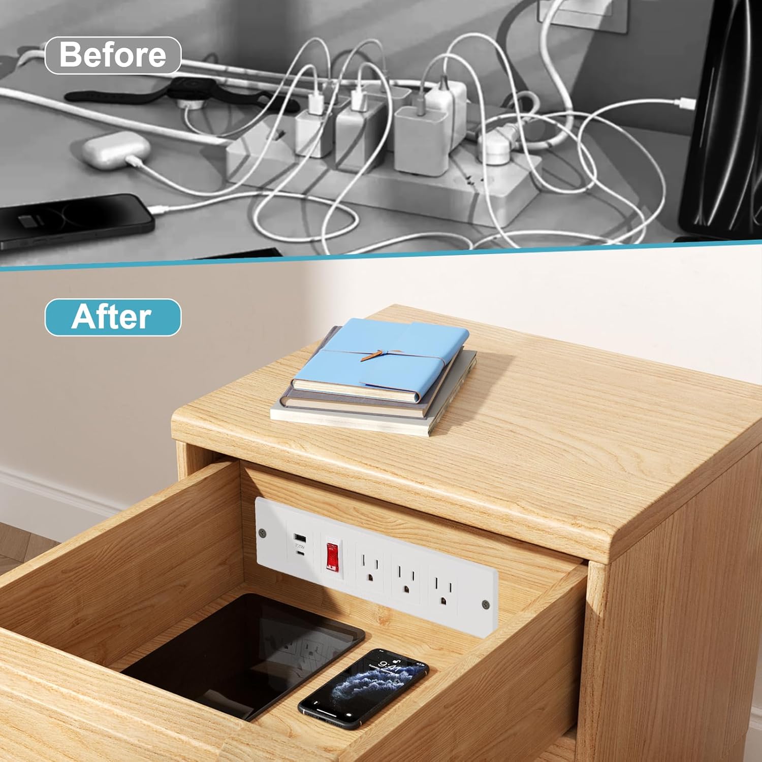 Drawer Outlet Kit Flush Mount Recessed Outlet Furniture Power Strip with Overload Protection Switch Clutter Free Drawer Socket with 6.5FT Extension Cord Management Arm for Kitchen Office (White)