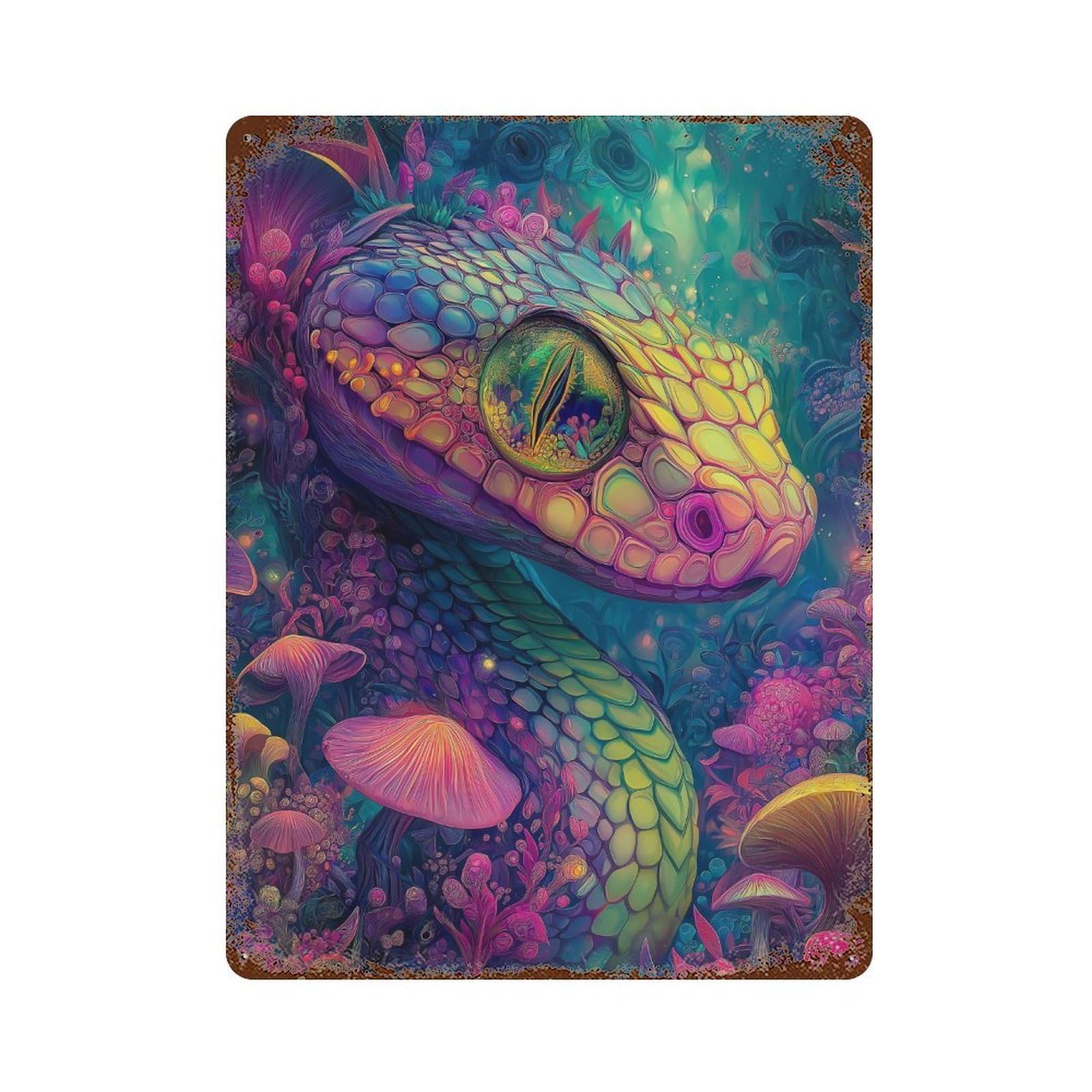 Fantasy Snake in Mushroom Forest Rust Effect Tin Sign 15.7"x11.8", Industrial Home Decor for Garage, Pub Or Kitchen