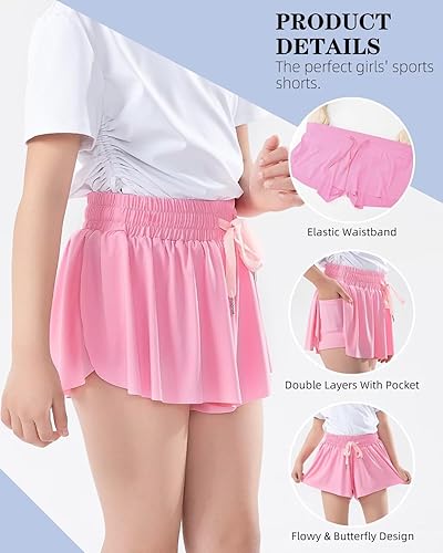 Miniatura 3 de Pantalones cortos fluidos para niñas con forro de elastano, pantalones cortos de mariposa 2 en 1 con bolsillos para deportes, correr, atletismo