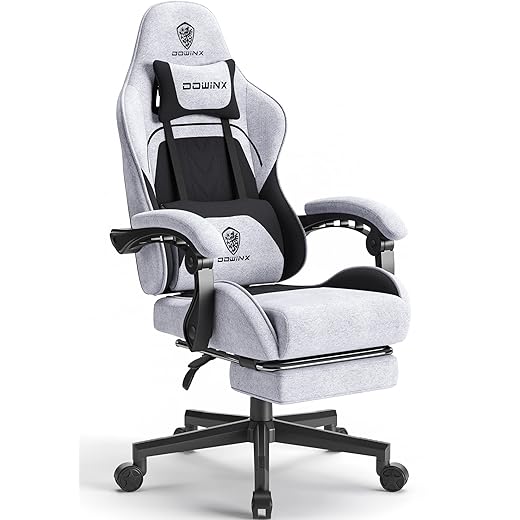 Dowinx Gaming Chair Fabric with Pocket Spring Cushion, Massage Game Chair Cloth with Headrest, Ergonomic Computer Chair with Footrest 290LBS, Black and Grey
