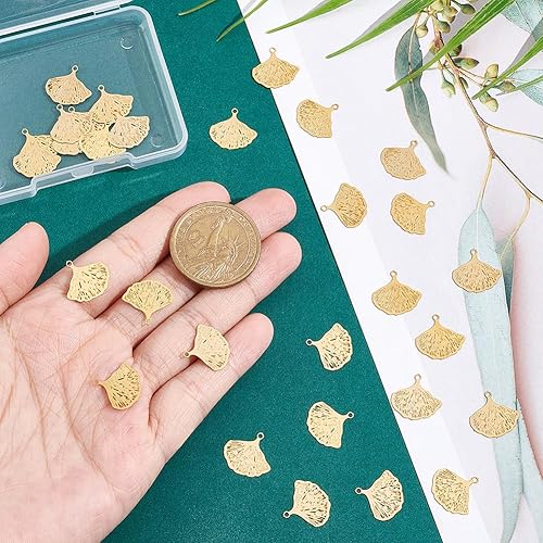 Miniatura 2 de UNICRAFTALE 30 dijes de hoja chapados en oro de 18 quilates, de acero inoxidable, dijes de ginkgo, colgantes de hojas de otoño, aretes colgantes
