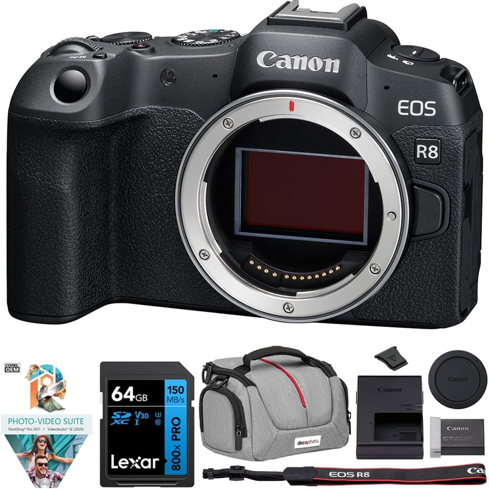 Canon EOS R8 Full Frame Mirrorless Camera Body Only 5803C002 Bundle with Lexar Premium 64GB SDXC Memory Card, Deco Essentials Camera Bag and Corel Photo Video Suite PaintShop Pro with VideoStudio SE