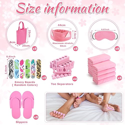 Miniatura 10 de Jeyiour 72 piezas de suministros de fiesta de spa para niñas, incluyen 8 toallas de mano, 8 lavabos, 16 separadores de dedos, 8 bolsas de mano, 8