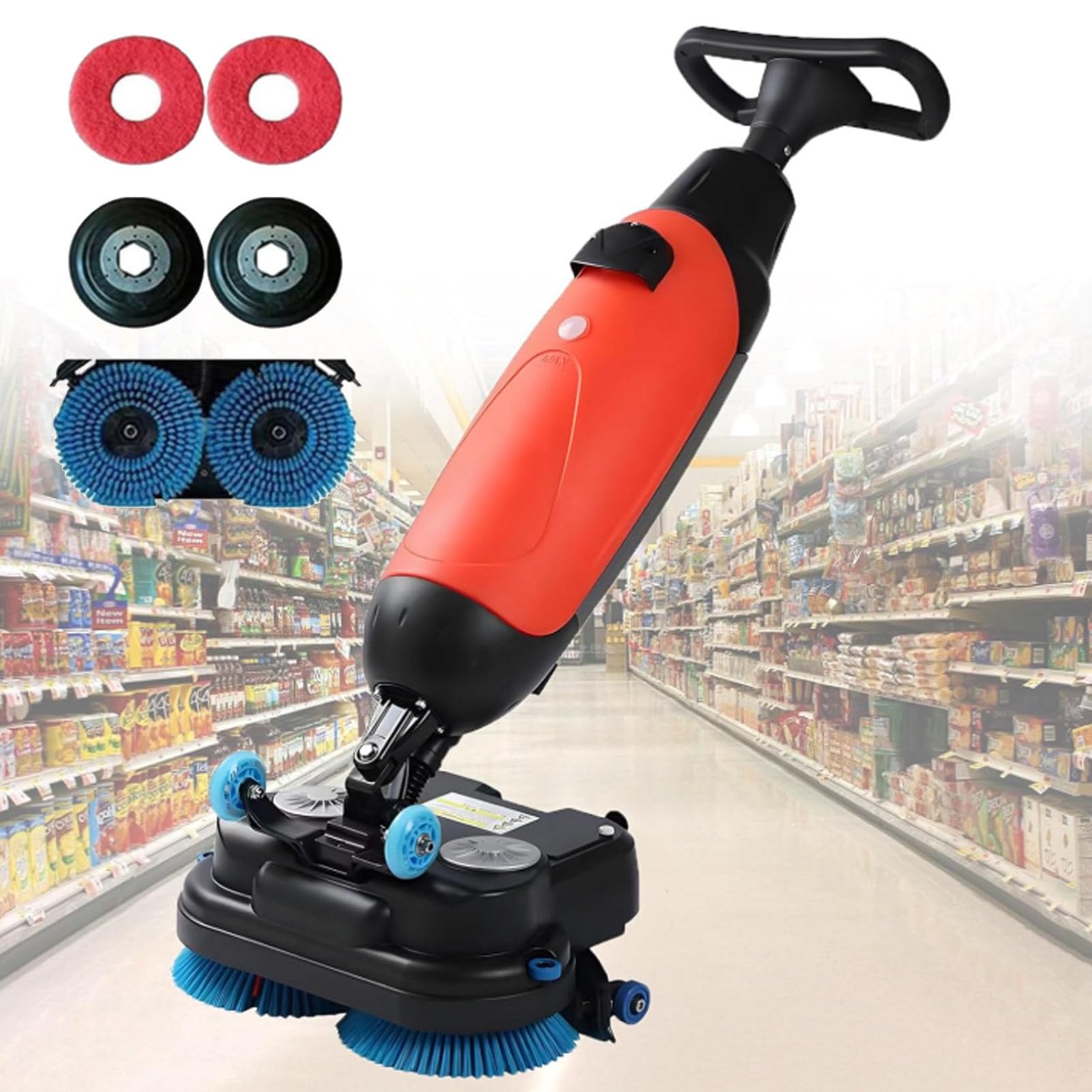 Hydravex Red Professional-Grade Floor Scrubber, 17" Wide Cleaning Walk Behind Floor Scrubber Dryer Double Brushes And 360° Swivel Head, For Home, Office, Bathrooms & Small Commercial Spaces, Tile