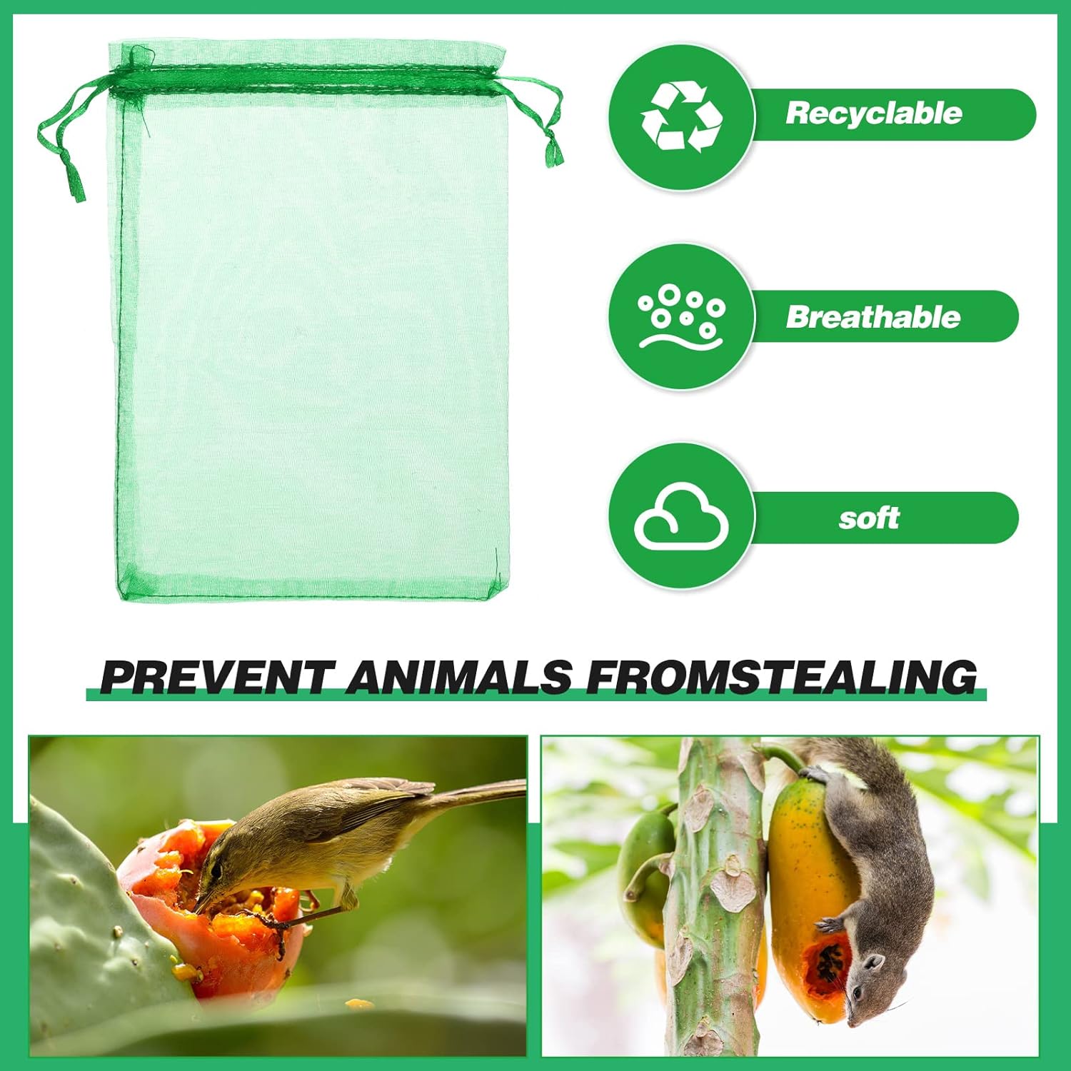 100 Pcs Fruit Protection Bags, Fruit Netting Bags for Fruit Trees Fruit Garden Cover 5 x 7 Inch Mesh Bag with Drawstring Netting Barrier Bags for Protecting Plant,Fruit,Flower and Vegetables (Green)