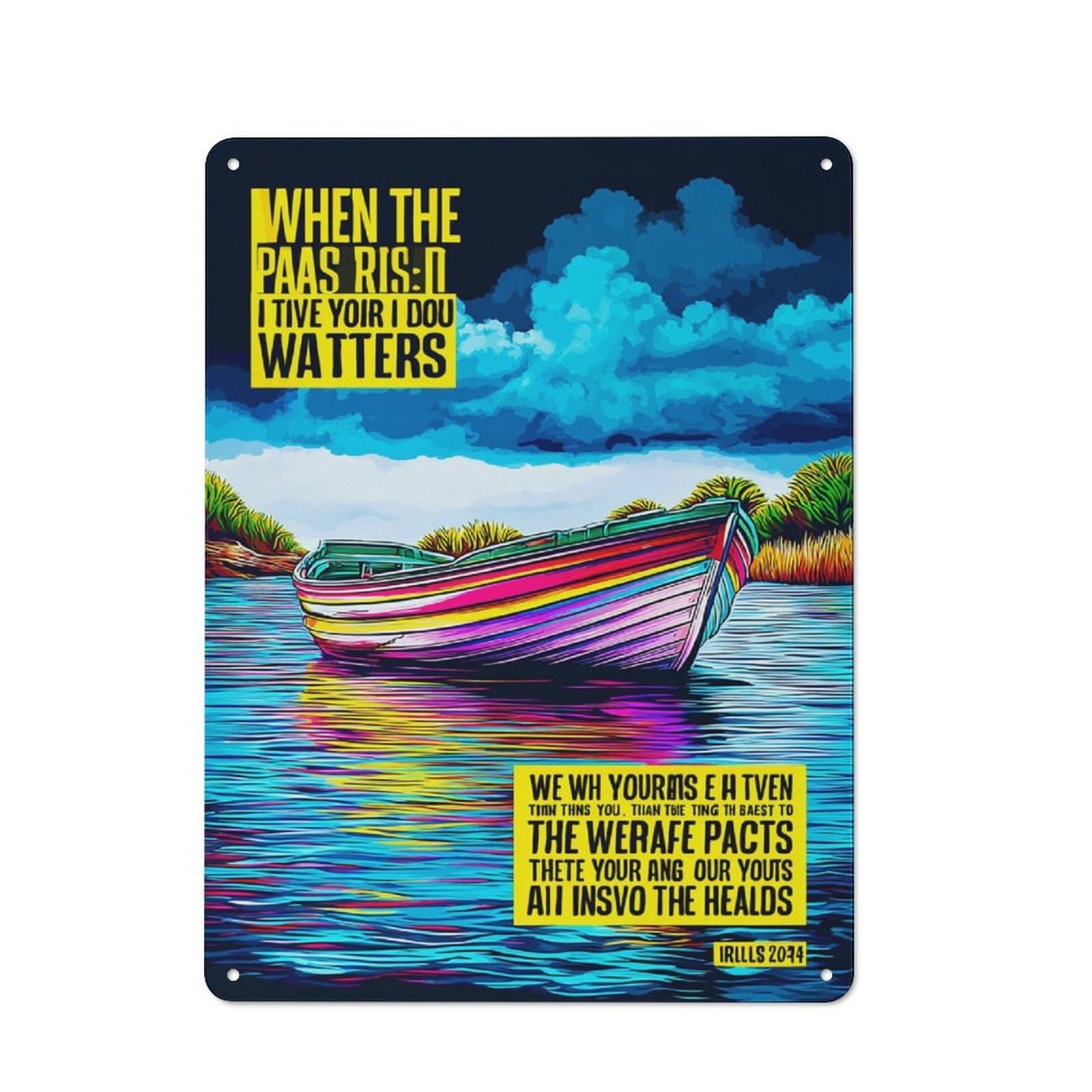 Junmoney Colorful Boat On Calm Waters Smart Metal Wall Decor 40X30cm, Office Metal Sign For Office, Study, Studio Or Hallway