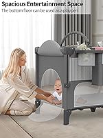 Vista 4 de Cuna para bebé, empacar y jugar, cuna ajustable de 4 alturas, cambiador de pañales con almohadillas para pañales, puerta con cremallera, mosquitera