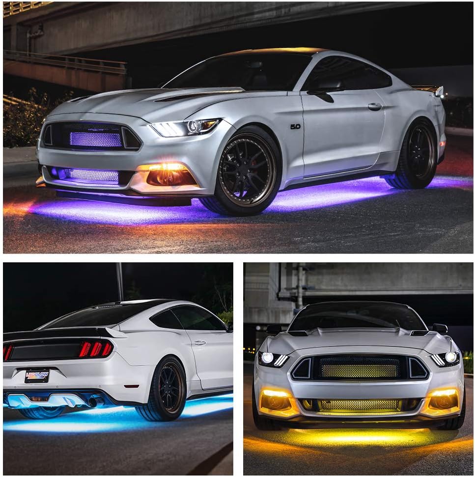LEDGlow 4pc Bluetooth Million Color LED Underbody Underglow Accent Lighting Kit for Cars - Smartphone App - Courtesy Lights - Create Any Color - Water Resistant Tubes - Control Box : Automotive