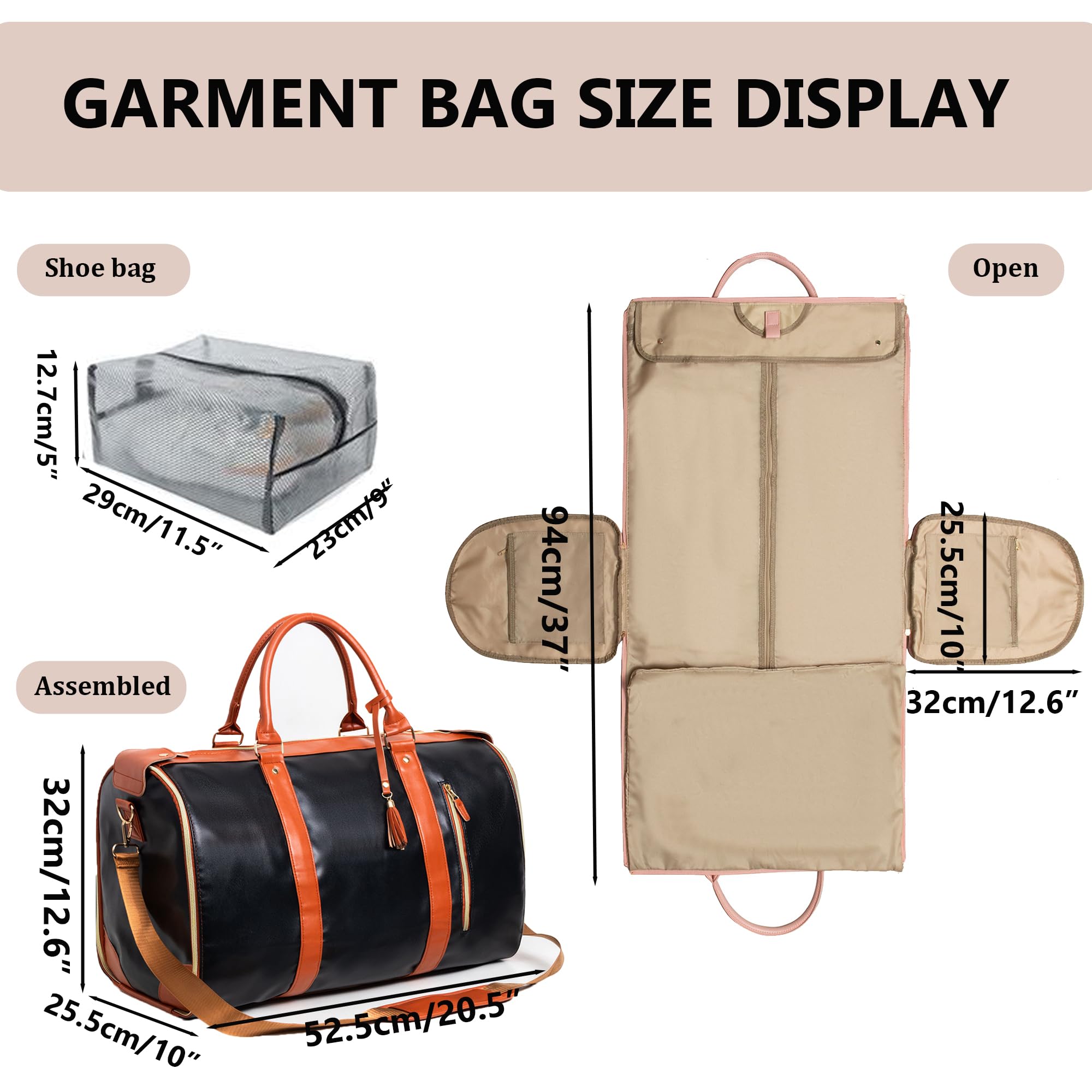 Kleidertasche für Reisen, wandelbare Stofftasche mit Schuhbeutel, 2-in-1, wasserdichte Reisetasche mit Schultergurt, für Herren und Damen (Rosa/Weiß/Dunkelbraun)