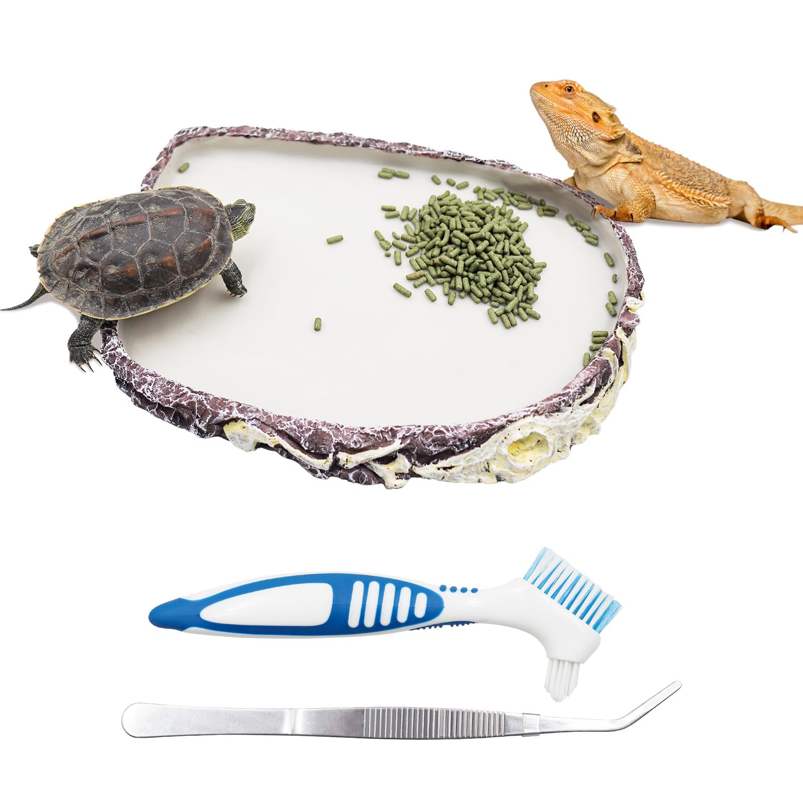 Large Reptile Water Dish, Bearded Dragon Food Bowl, Resin Tortoise Feeder Kit, Aquarium Terrarium Accessories, Feeding Bowl for Amphibian Hermit Crab Turtle Lizard Chameleon Frog - 8 × 6 × 0.8 inch