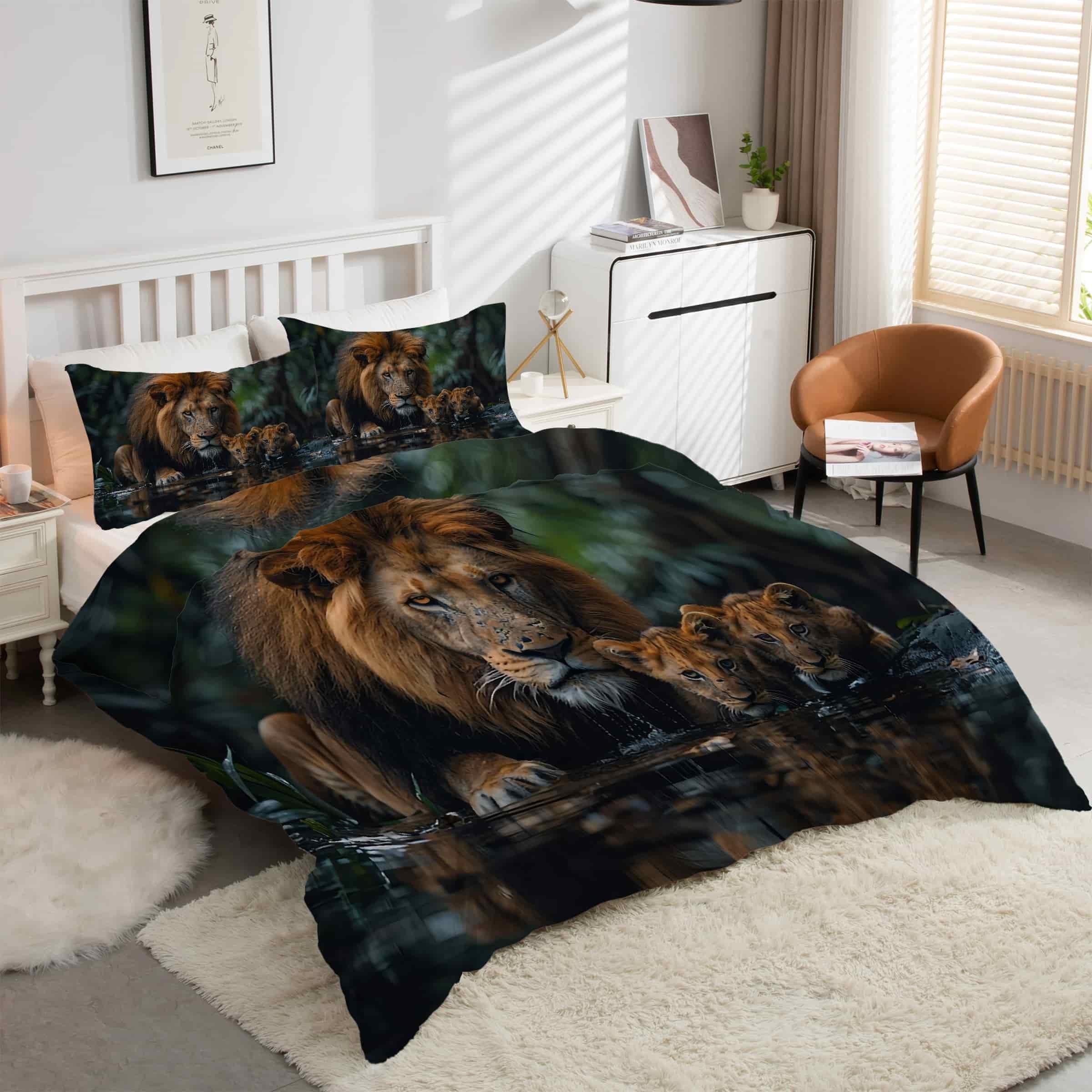 Housse de couette lion 220x240 en microfibre zippée pour un lit facile à faire et doux