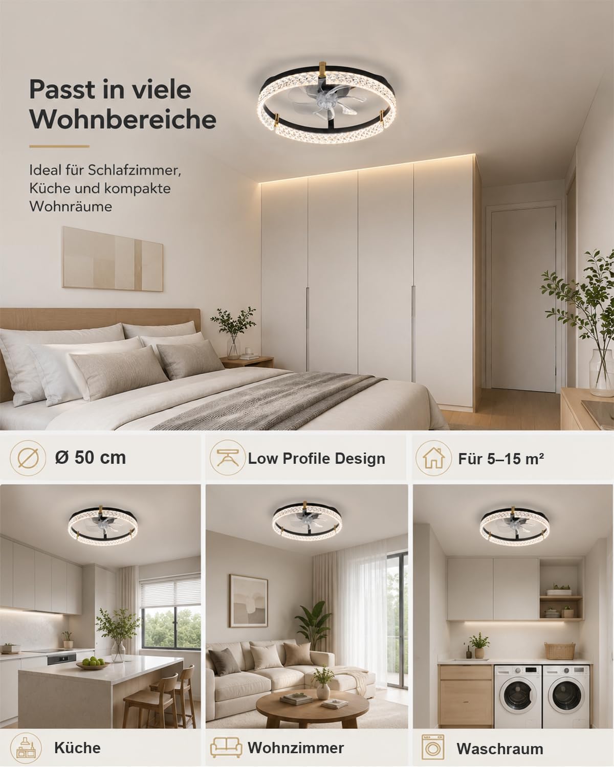 Airwit 50cm Deckenventilator mit Beleuchtung, Lampe mit Ventilator in Glasoptik, Deckenlampe mit Ventilator leise dimmbar, 3000K-6000K stufenlos, 6 Windstufen, Timer 1/2/4H, App Fernbedienung, Schwarz