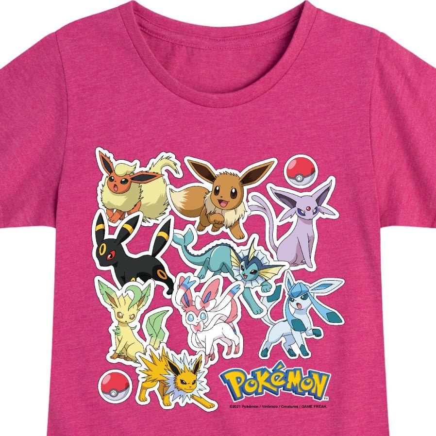HYBRID APPAREL - Pokémon - Eevee Evolution Stickers - Youth Girls Short Sleeve Graphic T-Shirt - Size Medium Heather Fuchsia3