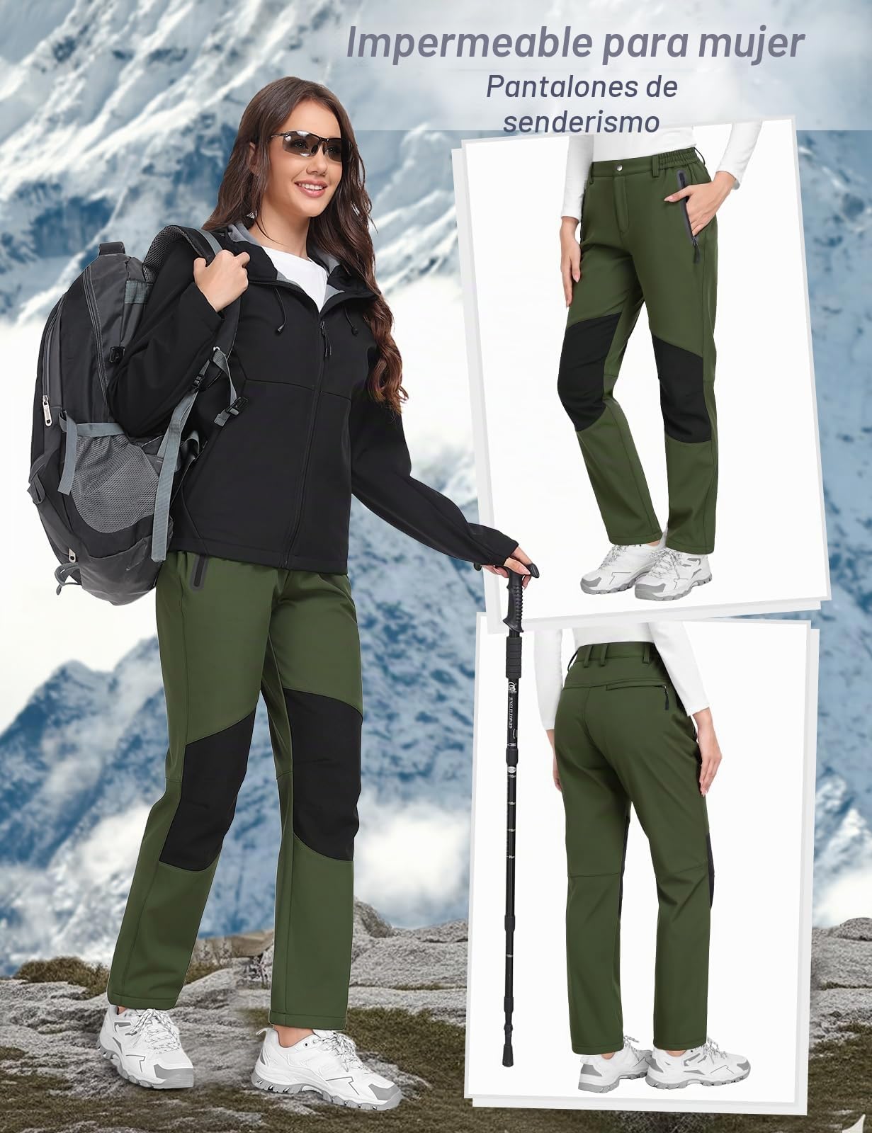 Pantalones Trekking Mujer Invierno Impermeables Pantalones Termicos Cintura Elástica con Forro Polar Softshell Pantalones Montaña Esqui Senderismo Trabajo