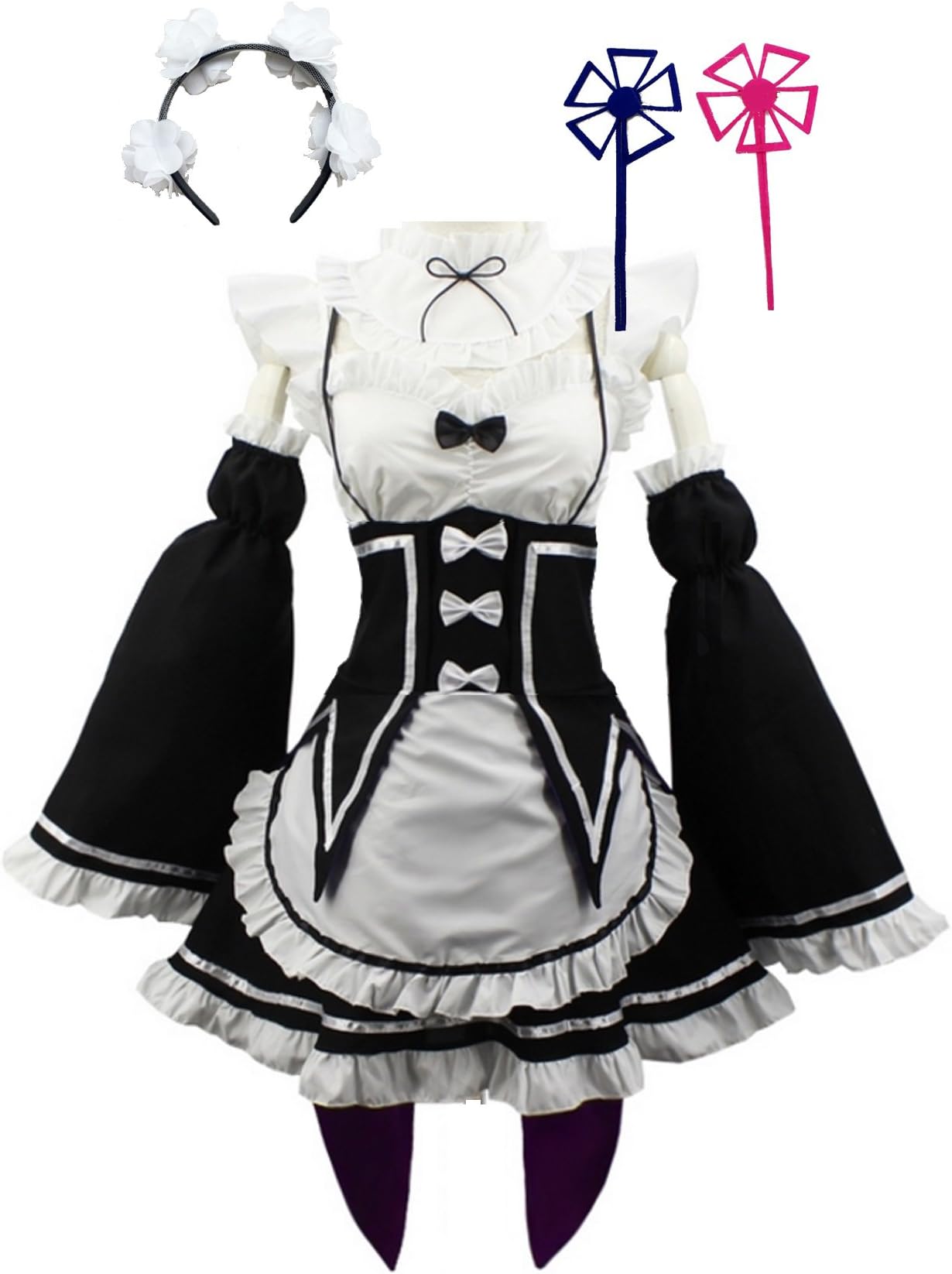 Anime Re:Zero Rem Ram Lolita Maid Dress Cosplay Costume with Headband Black for Woman