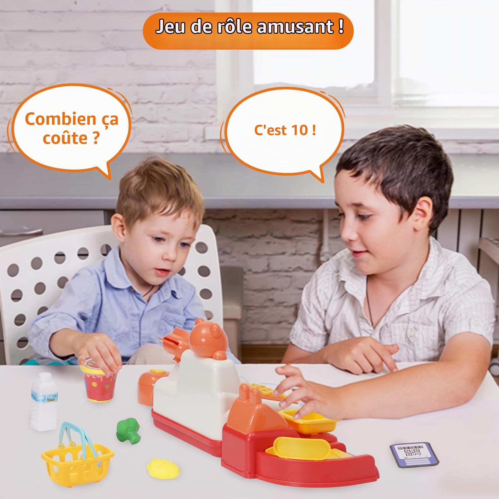 Caisse enregistreuse de Jeu pour Enfants, Mini Caisse enregistreuse Enfants avec Panier à provisions, Caisse enregistreuse Jouet 25 pièces, Accessoires de Magasin Jeu de rôle pour Enfants