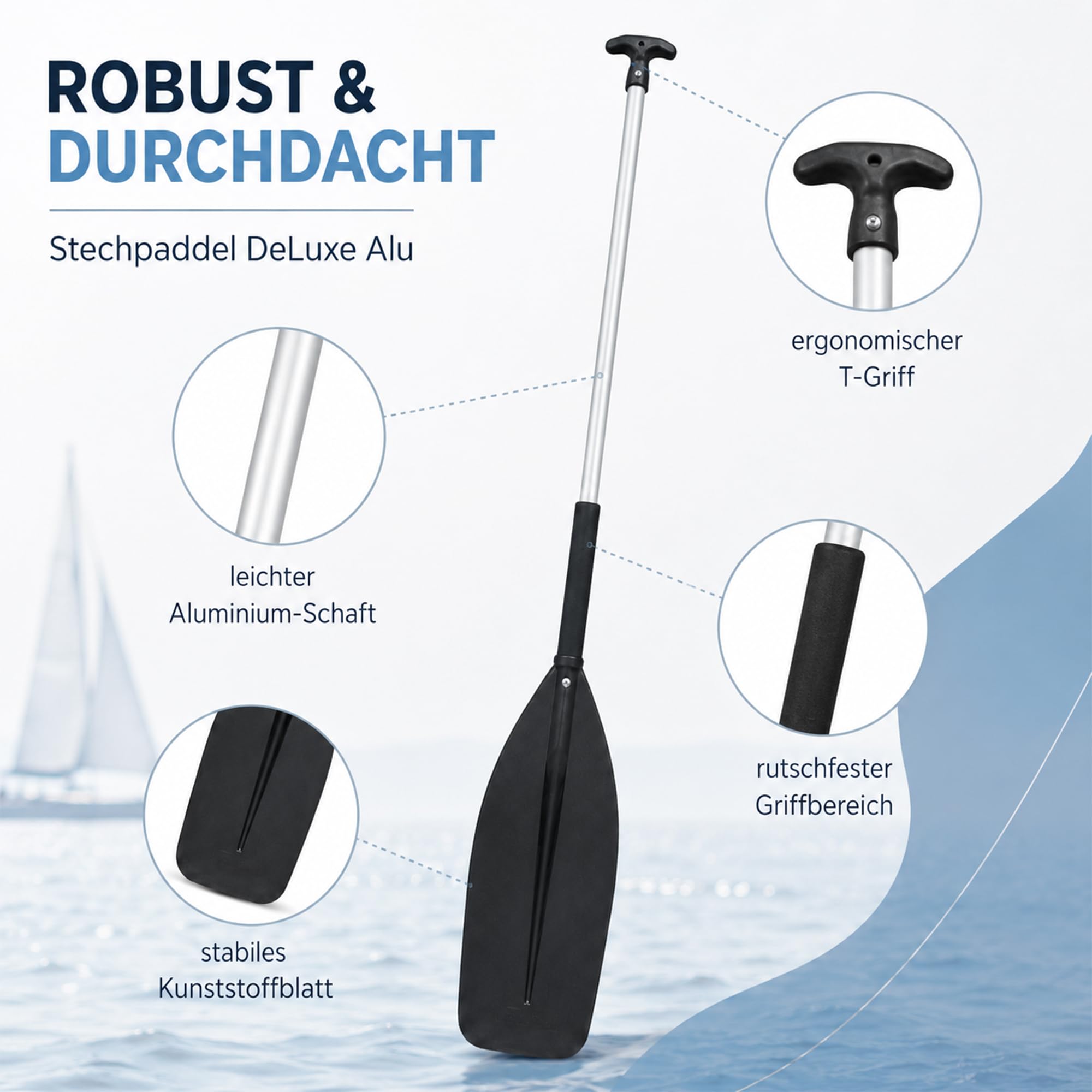 Paddel 120cm / 135cm / 150cm – stabiles Bootspaddel mit Aluminiumrohr & Kunststoffblatt | Kajak Paddel, Schlauchboot Paddel & Wassersport Zubehör für Freizeitboot, Beiboot & SUP Zubehör