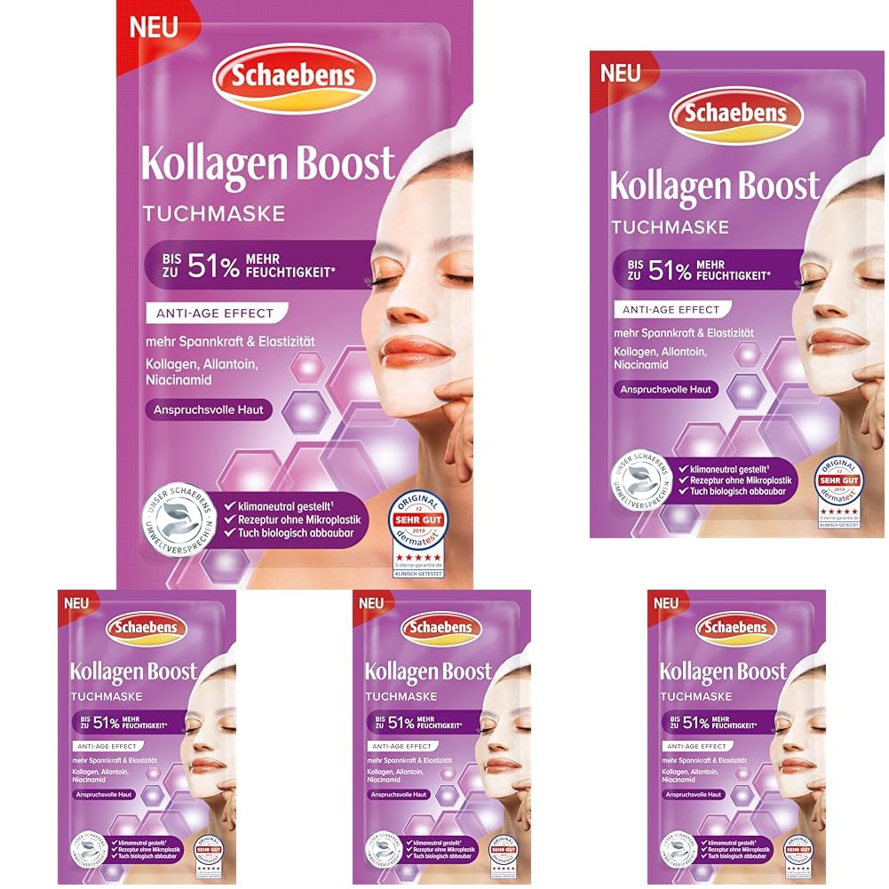 Schaebens Kollagen Boost Tuchmaske, Anti-Age Effect mit Kollagen, Allantoin und Niacinamid für anspruchsvolle Haut. (Packung mit 5)
