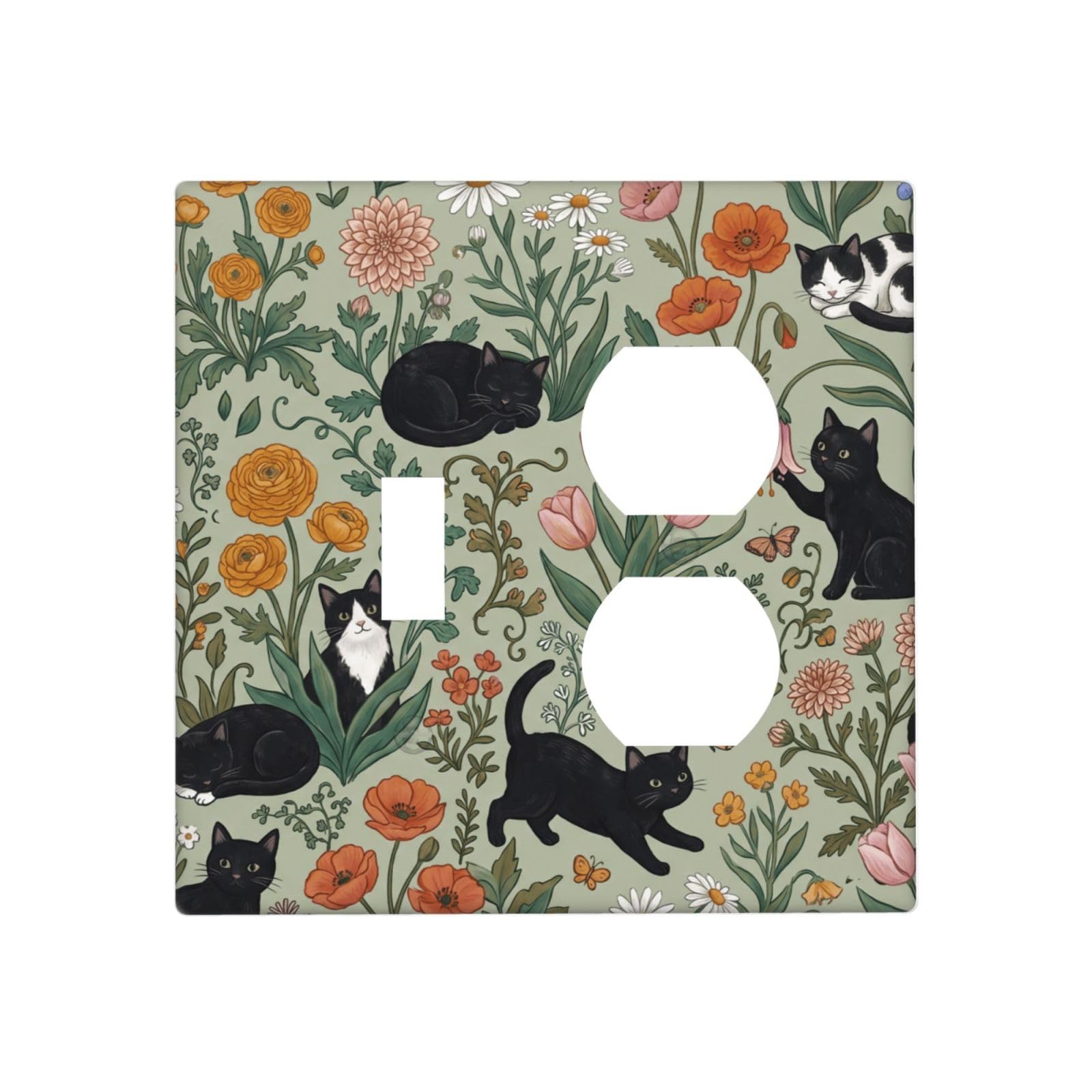 Dwbguo Floral Cat Decorative Outlet Covers Vintage Botanical Wildflower Cat 2 Gang Light Switch Cover Plate Single Toggle Duplex Wall Plates For Electrical Outlets Switch Plate Covers For Home Bedroom Decor