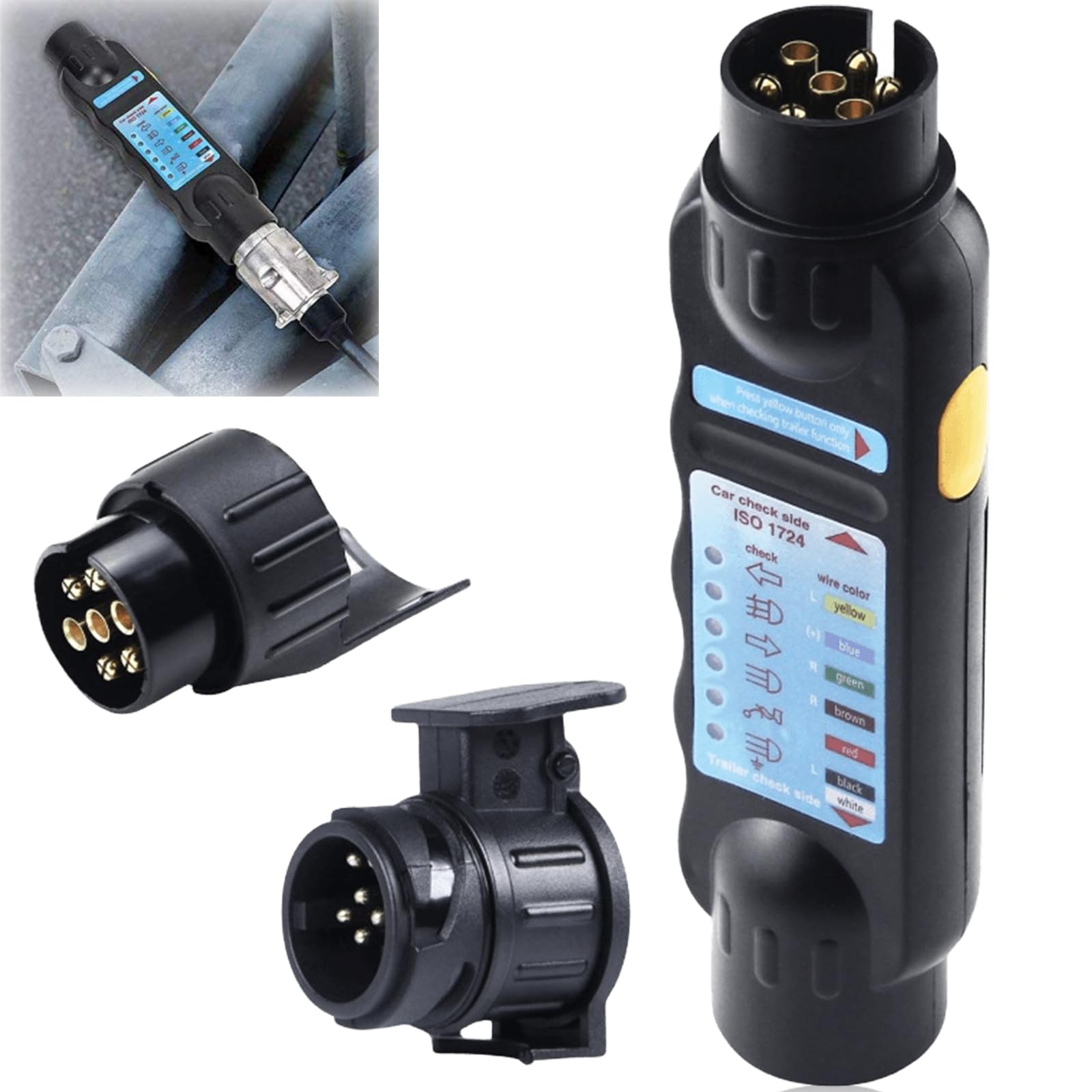 Comprobador de remolque de 7 pines: conector de enganche de remolque con adaptador de 13 a 7 pines y adaptador de 7 a 13 polos, dispositivo de prueba para iluminación de remolque de coche de 12 V