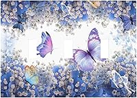 Vista 1 de Cubierta de interruptor de luz de 3 cuadrillas con diseño de flores azules púrpuras, cubierta de placa de pared de triple palanca, arbustos florales