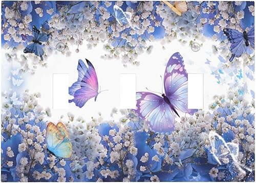 Cubierta de interruptor de luz de 3 cuadrillas con diseño de flores azules púrpuras, cubierta de placa de pared de triple palanca, arbustos florales