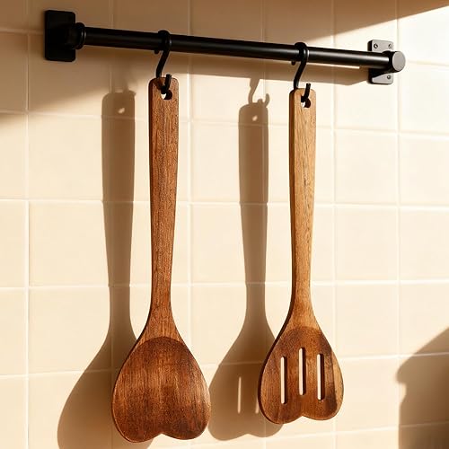 Miniatura 7 de Juego de 2 cucharas de madera con forma de corazón para cocinar, cuchara de madera en forma de corazón, mango largo, utensilios de cocina de
