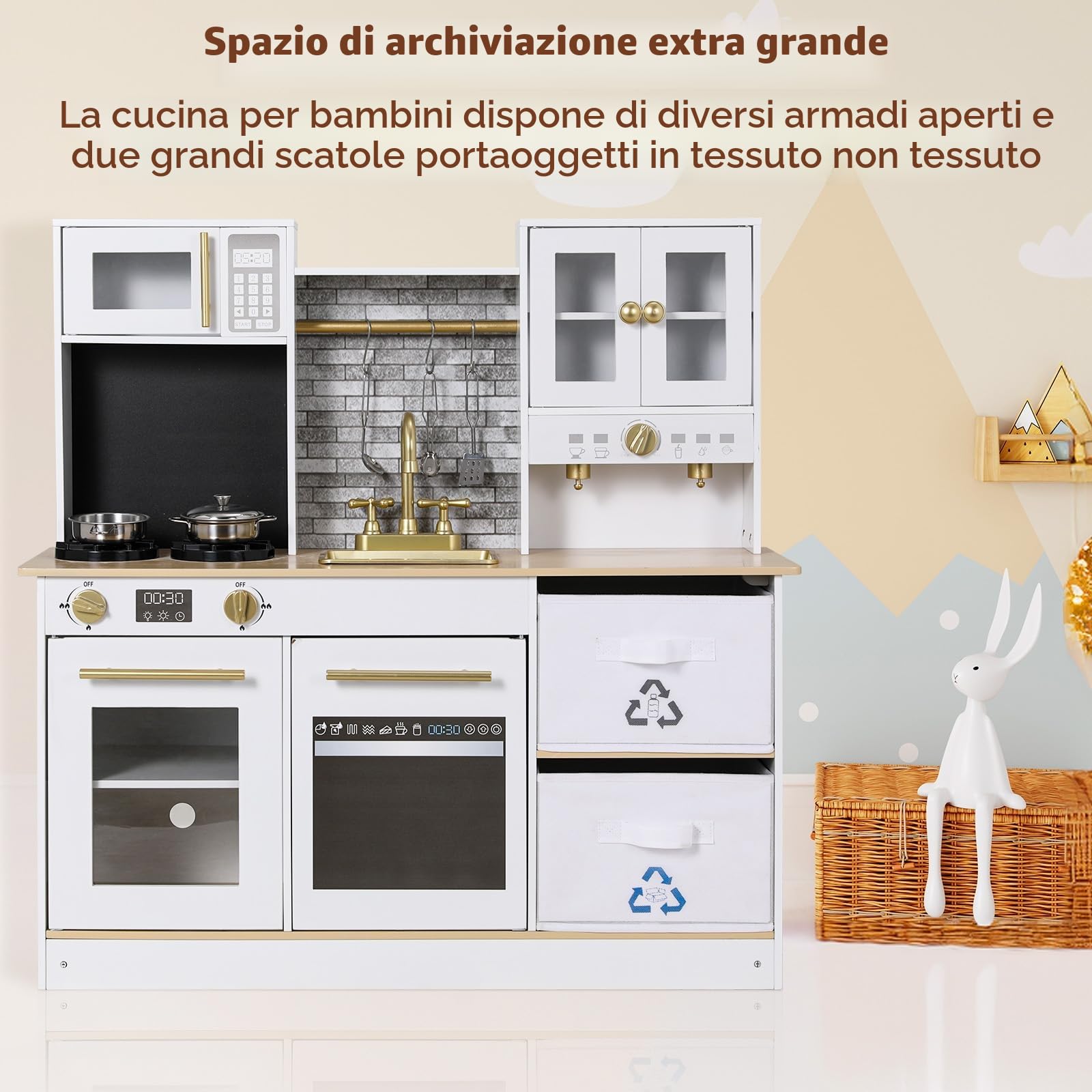 MAMIZO Cucina Giocattolo per Bambini Legno, con Effetti Simulati di Luce e Suono, Cucina Bambini con 2PCS Scatole Portaoggetti, Cucinetta Giocattolo per Bimbi da 3 Anni, 90x30x90 cm, Bianco