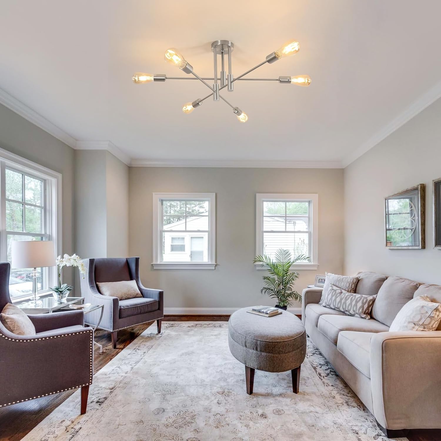 DELIPOP Sputnik Light Fixture, 6-Light Brushed Nickel Dining Room Light Fixture, Mid-Century Modern Ceiling Light Fixture for Living Room, Kitchen, Dining Room, Bedroom