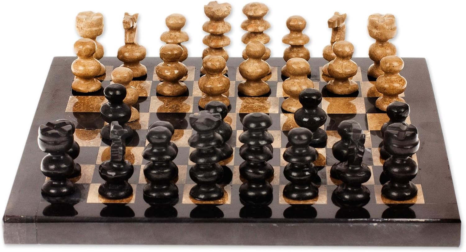 NOVICA Artisan Handcrafted Marble Onyx Mini Chess Set Mexico Brown Black Marblestone Sets Games [0.4in H x 7.5in W x 7.5in D Largest Piece 1.3in H x 0.6in Diam. Smallest Piece 1.2in H x 0.6in Diam.]