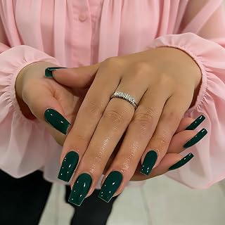 Emerald Green Press On Nails Medium Long Square, Forest Green Fake Nails with Glue, Thick Natural Glossy Coffin Glue on Nails for Women Daily, Reusable Quality Acrylic False Nail Set, 24 Pcs