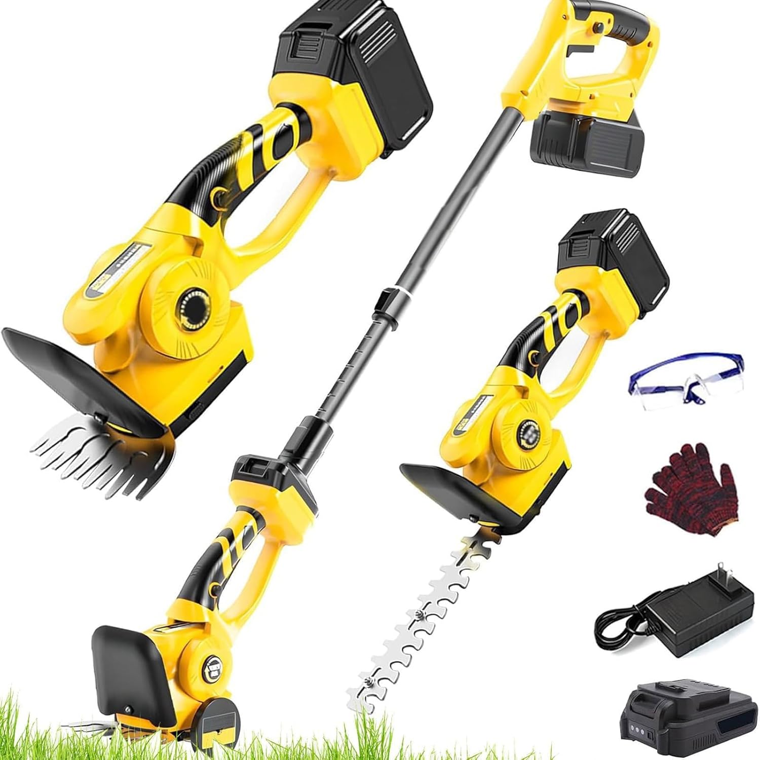 3-in-1 Cordless Pole Hedge Lawn Trimmer,Telescopic Grass Cutter & Shrub Shear,Lightweight Electric Garden Pruner,Handheld Hedge Grass Cutter,for Gardening, Lawn and Shrub Trimming(2 Batteries)