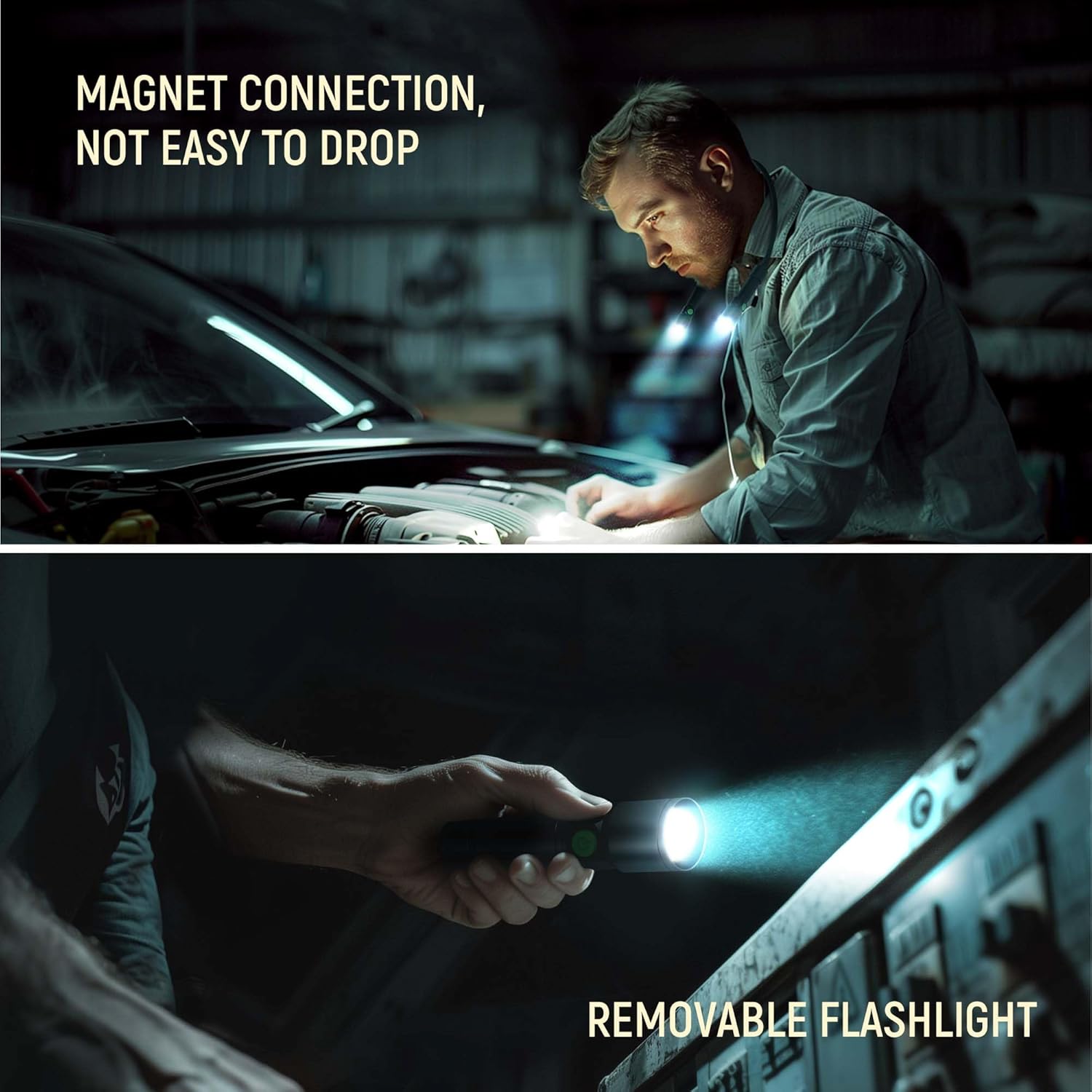 LED Neck Light, 2Pack 1800Lumens Rechargeable Neck Flashlight with Magnetic Base, Detachable Neck Work Light with Zoomable Flashlight, Flexible Around Mechanic Neck Lamp for Car Repairing Reading