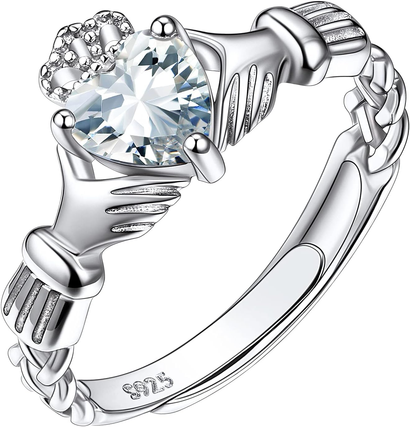 925 Sterling Silver Good Luck Celtic Twisted Knot/Claddagh Heart Birthstone Ring, Thin Delicate Adjustable Promise Engagement Ring Irish Jewelry for Women