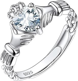 925 Sterling Silver Good Luck Celtic Twisted Knot/Claddagh Heart Birthstone Ring, Thin Delicate Adjustable