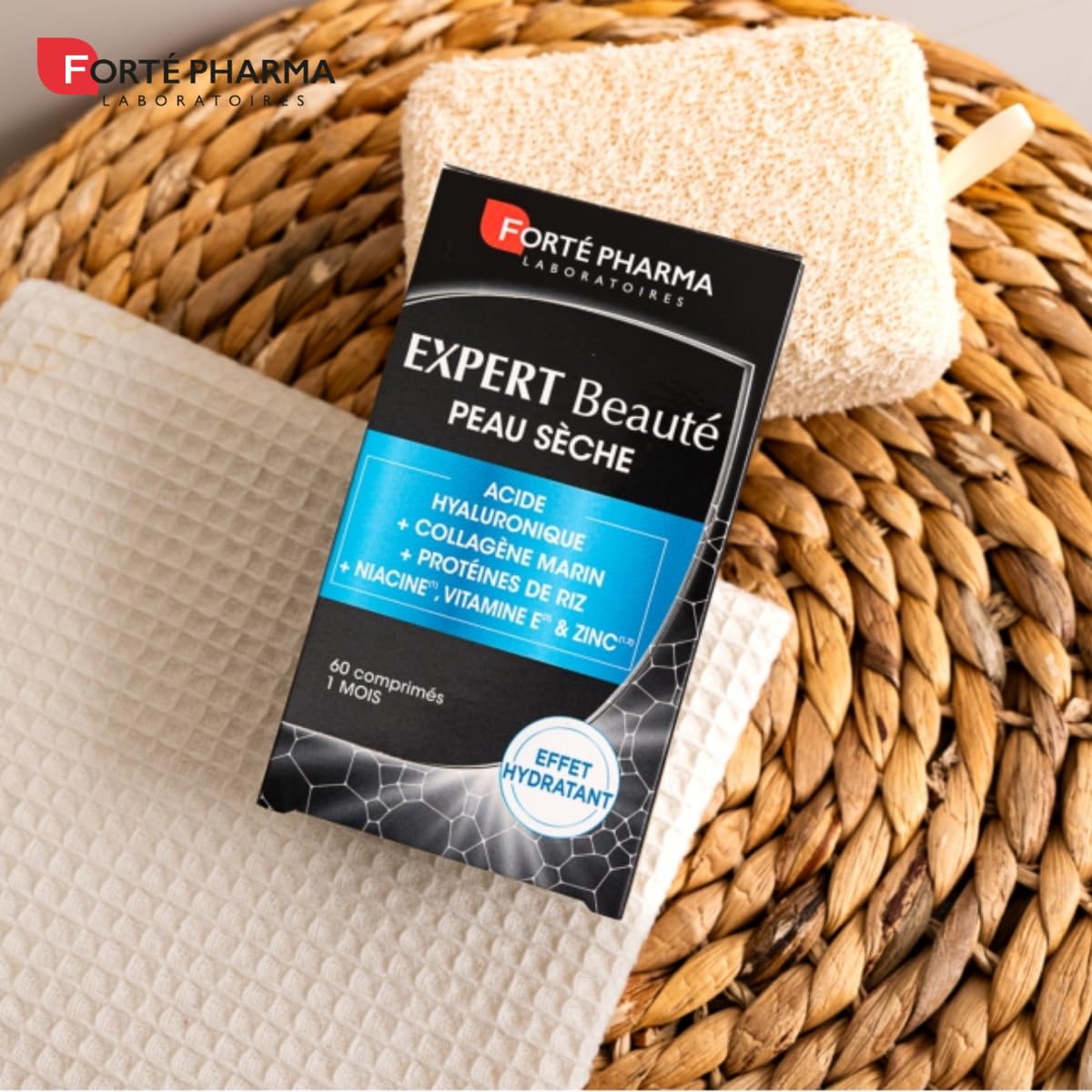 Forté Phama - Expert Beauté Peau Sèche - Complement alimentaire peau sensible, terne - Acide hyaluronique, Collagene marin, Vitamine B3 (Niacine), Vitamine E, Zinc - 60 comprimés, 2/jour