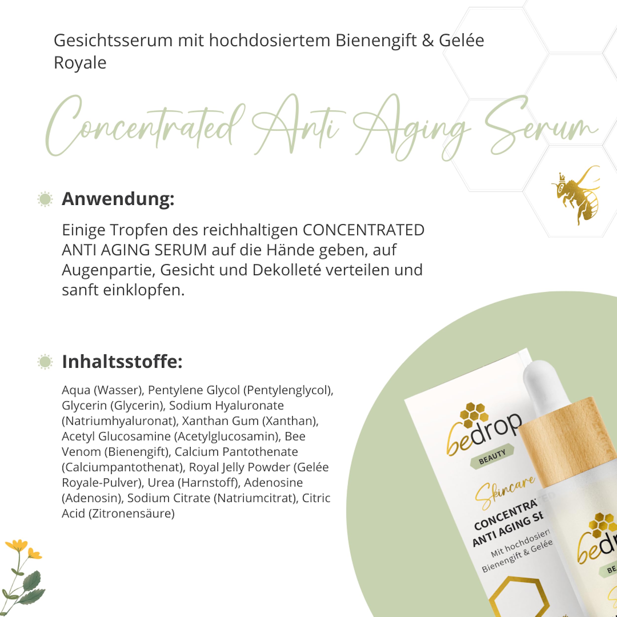 bedrop Concentrated Anti Aging Serum mit Bienengift, Gelée Royal, Hyaluron & Acetylglucosamin hochdosiert