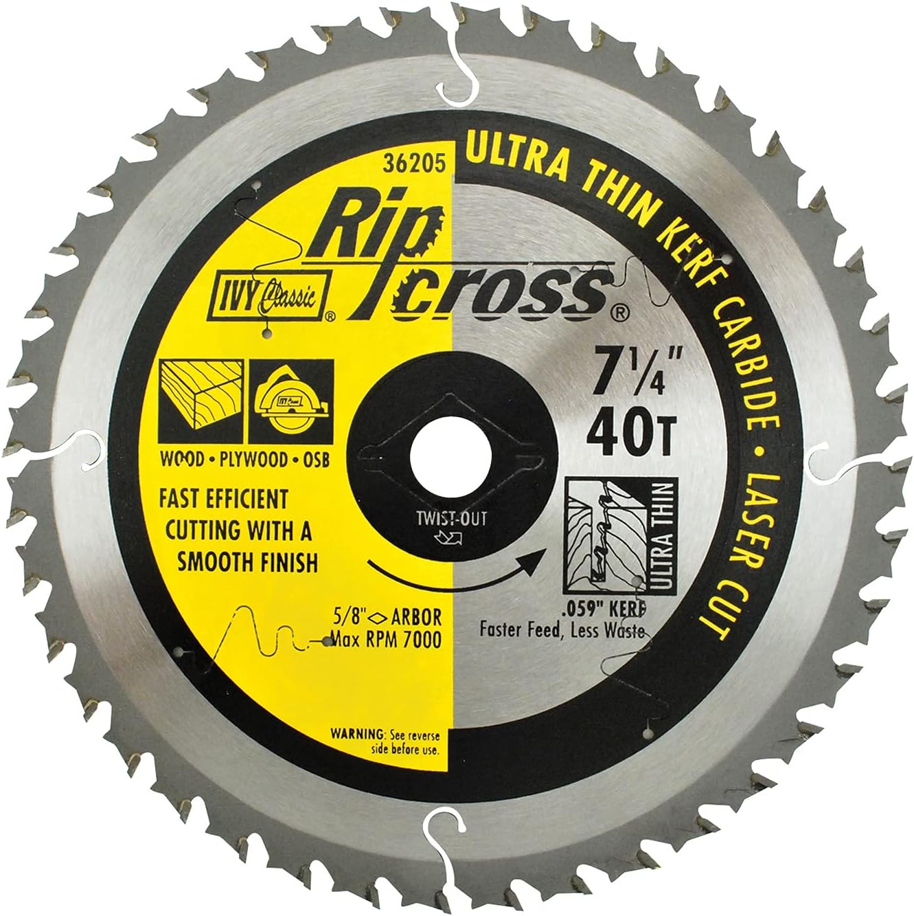 IVY Classic 36205 Ripcross 7-1/4" 40 Tooth Ultra Thin Kerf Carbide Circular Saw Blade with 5/8" Diamond Arbor, 25-Pack