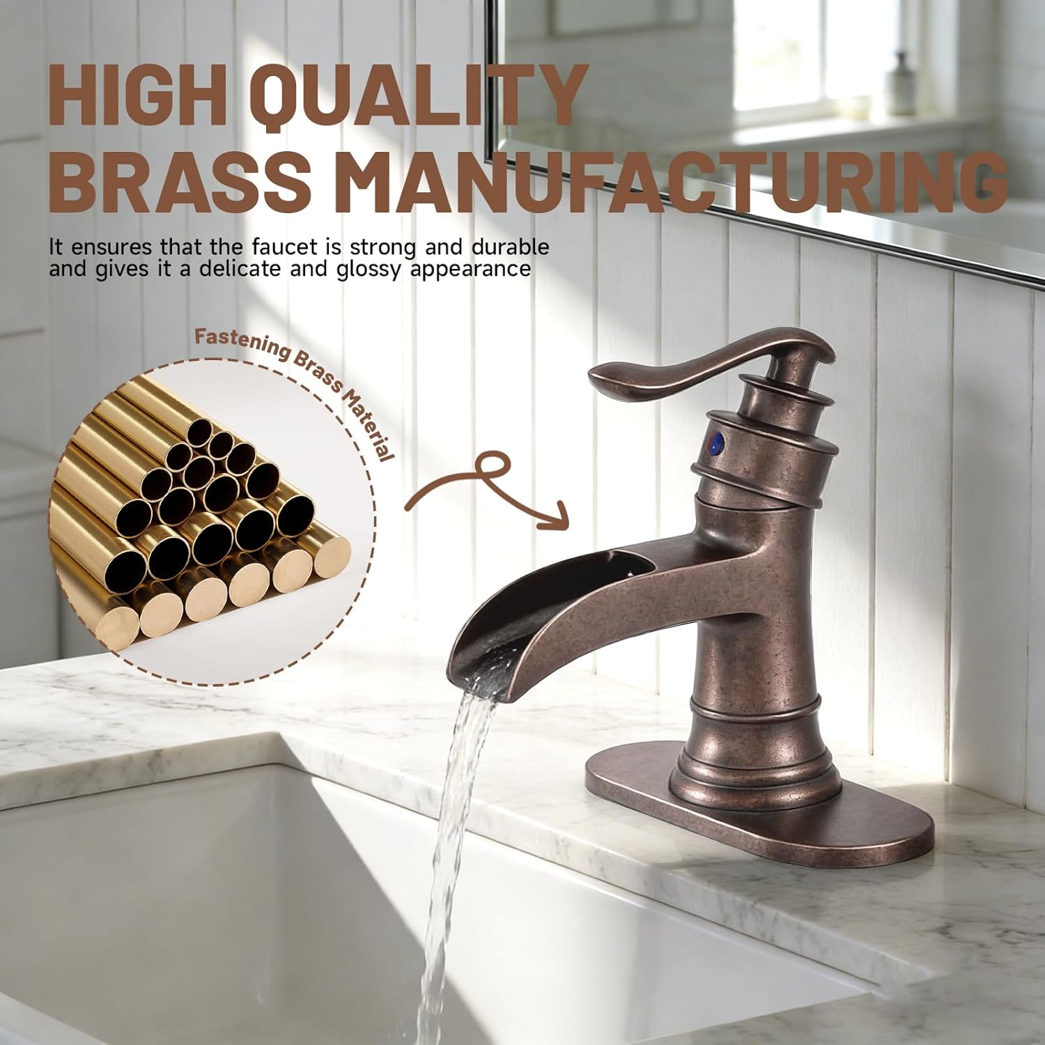 Bathroom Sink Faucet Waterfall Bath Faucets & Parts with Pop Up Drain Stopper Copper Farmhouse Antique Vanity Single Handle Single Hole Commercial Rustic Supply Lines Hose by Bathfinesse - Image 6
