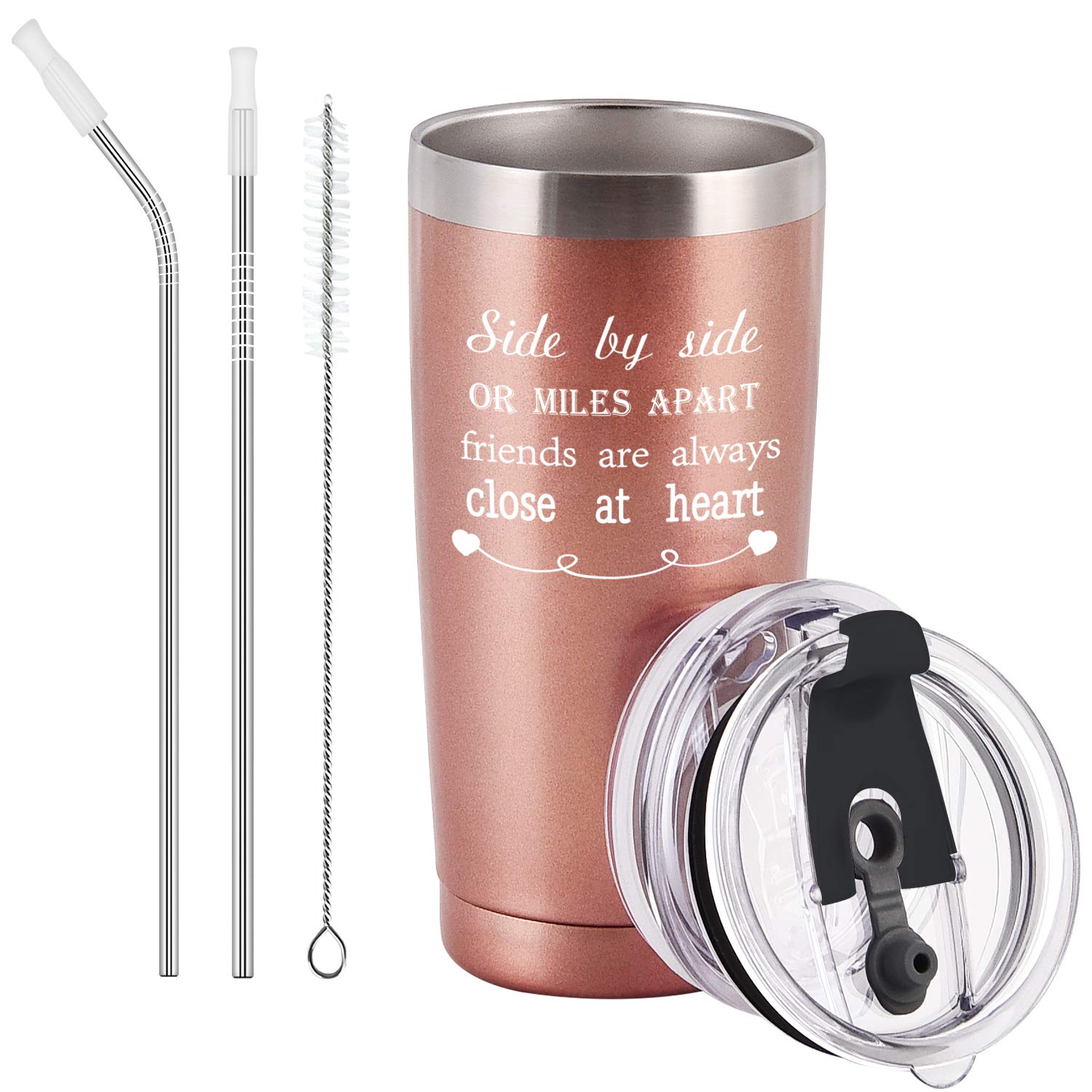 Side By Side or Miles Apart Friends Are Always Close at Heart Birthday Gifts Travel Tumbler, 20 Oz Stainless Steel Travel Tumbler Inspirational Gift for Best Friends Girlfriend Coworker, Rose Gold