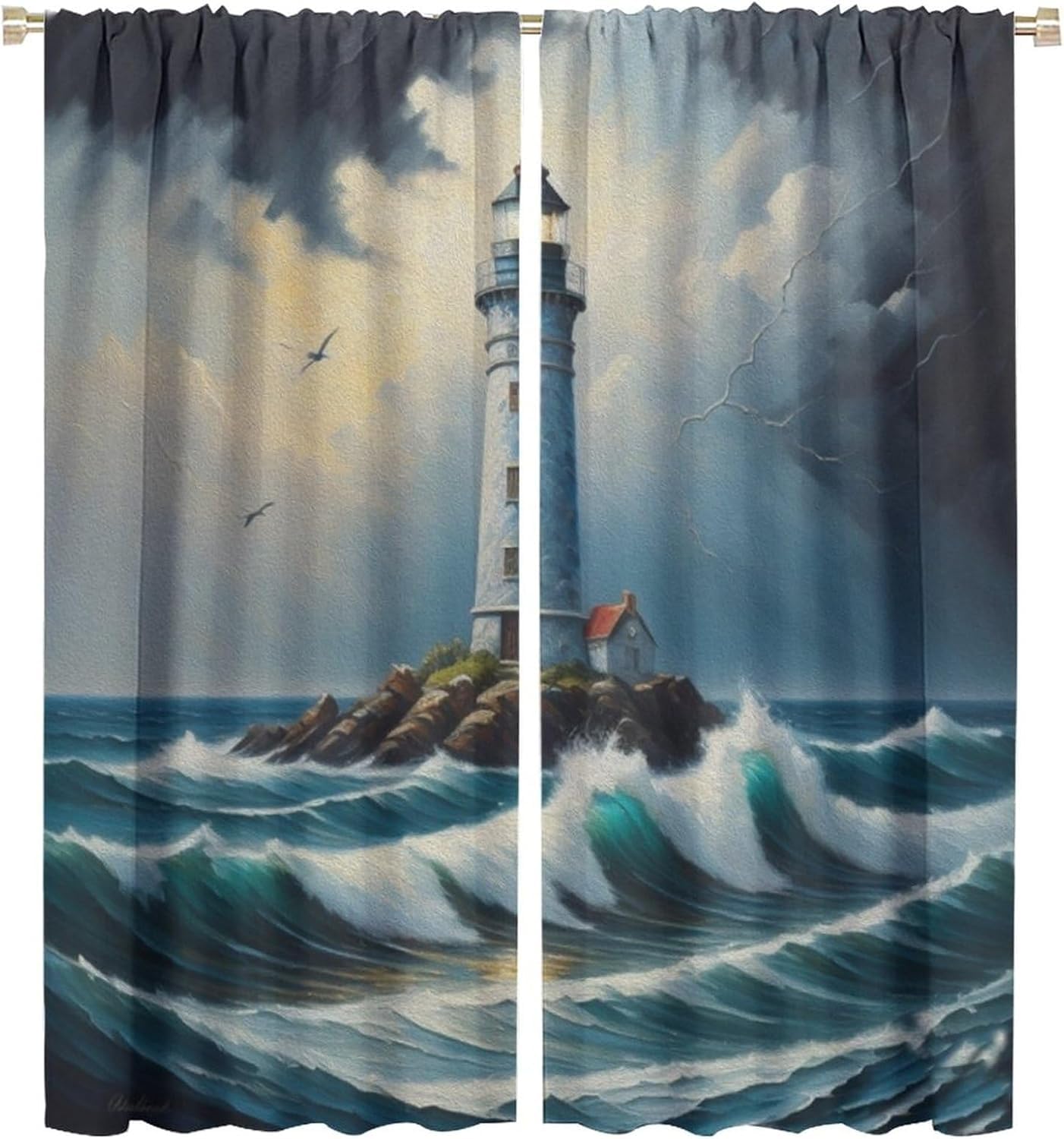 HZOHNAGO Lightinghouse Curtain Waves and Dark Clouds Lightning Island Blackout Print Rod Pocket Window Drapes for Bedroom Living Room 42x45in