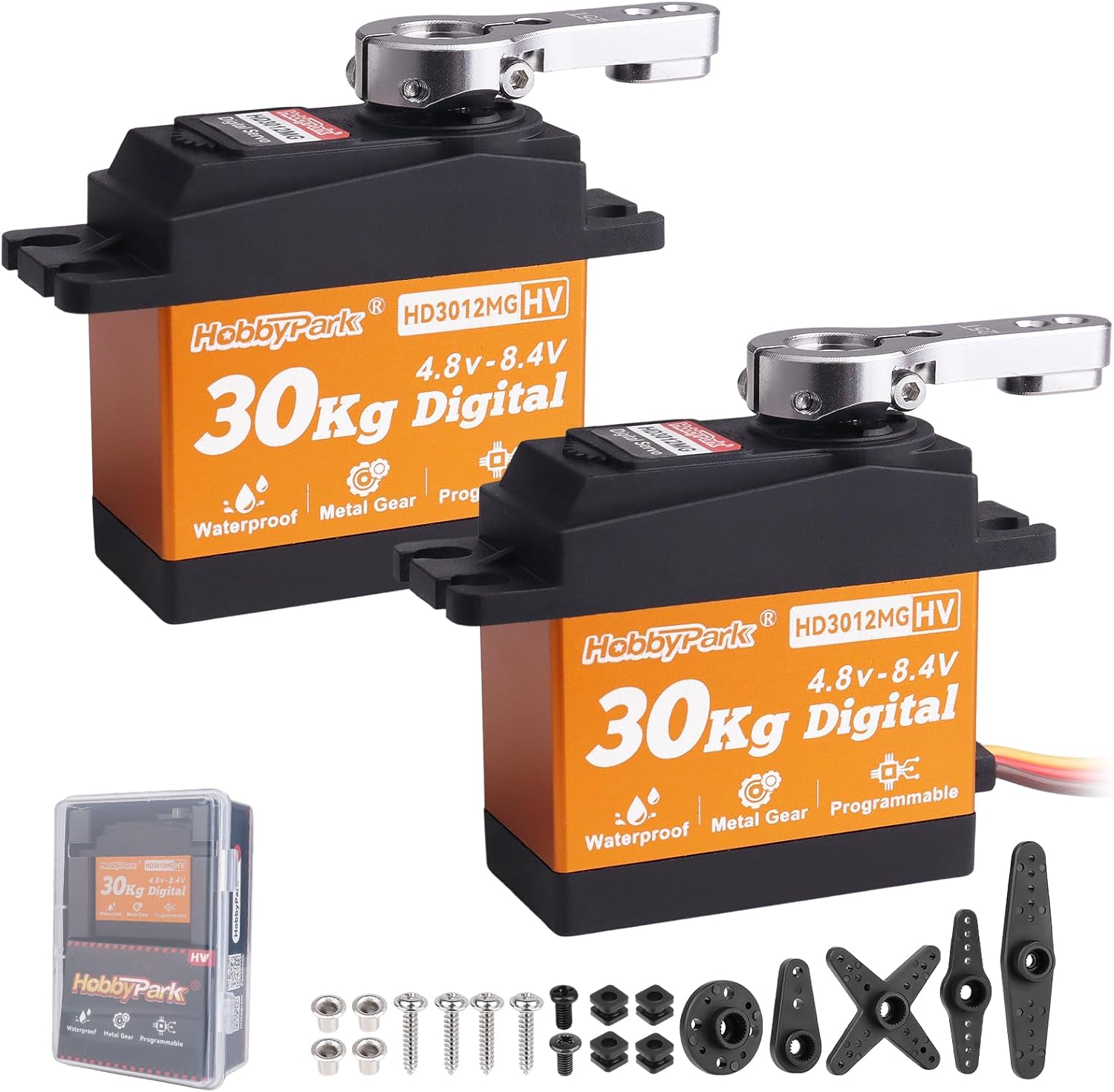 HobbyPark Pack of 2 Waterproof 30kg Servo High Torque RC Steering Servo Metal Gear All Stainless Steel for 1/12 1/8 1/10 RC Car Crawler Truck Buggy Robotics 5V-8.4V High Volt, Control Angle 180°