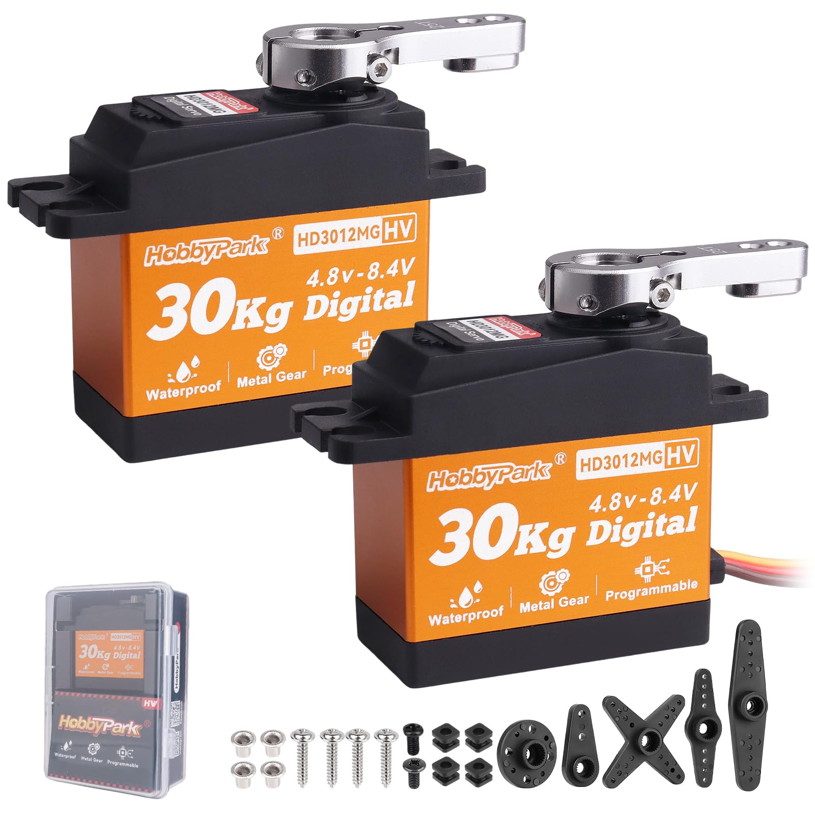 HobbyPark Paquete de 2 servos impermeables de 30 kg de alto par de torsión RC Servo Metal Gear todo de acero inoxidable para 1/12 1/8 1/10 RC Car Crawler Truck Buggy Robótica 5V-8.4V Alto Voltio