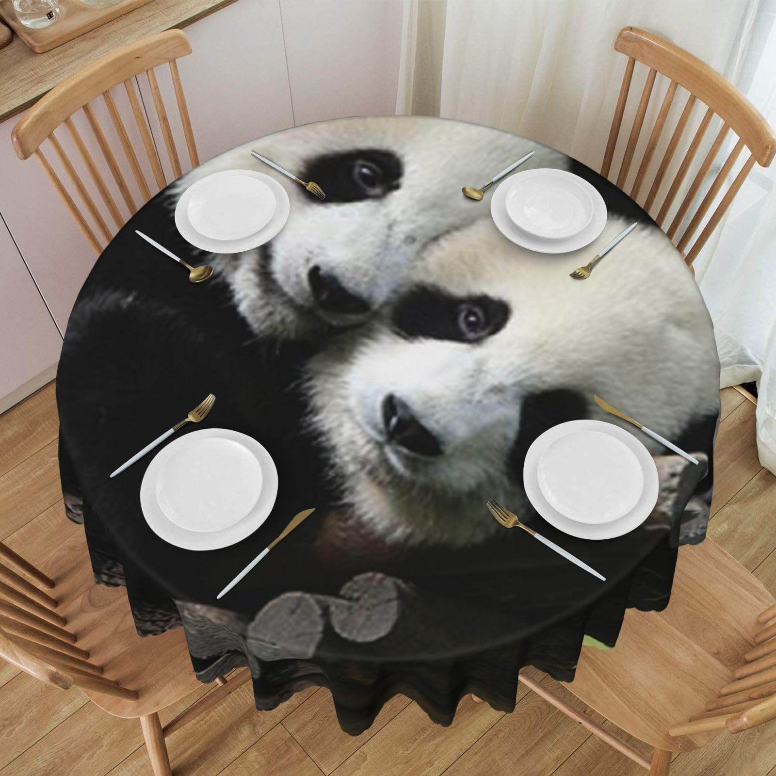 DCEHGEW 60 In Round Tablecloth with Lace, Two Big Pandas Printed Oilproof & Washable Fabric Picnic Table Cloth Table Covers