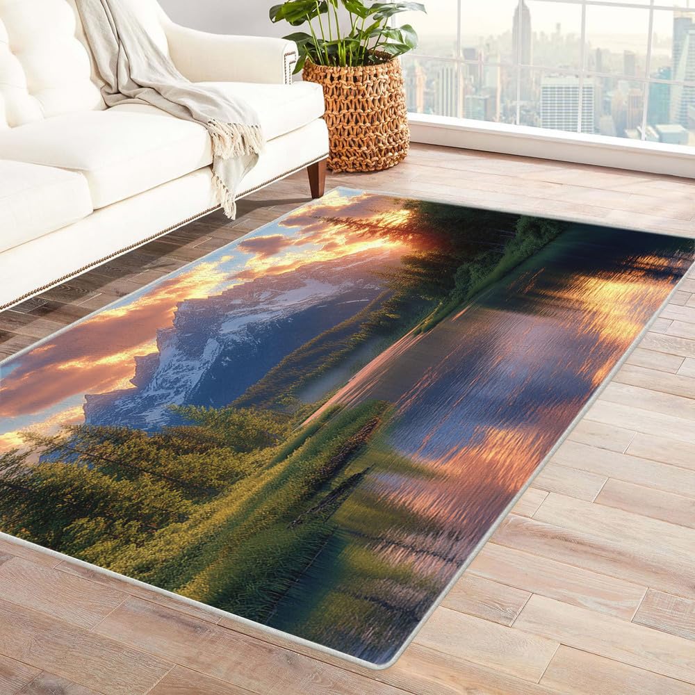 Tapis super doux antidérapant avec impression 3D paysage de forêt verte pour intérieur moderne