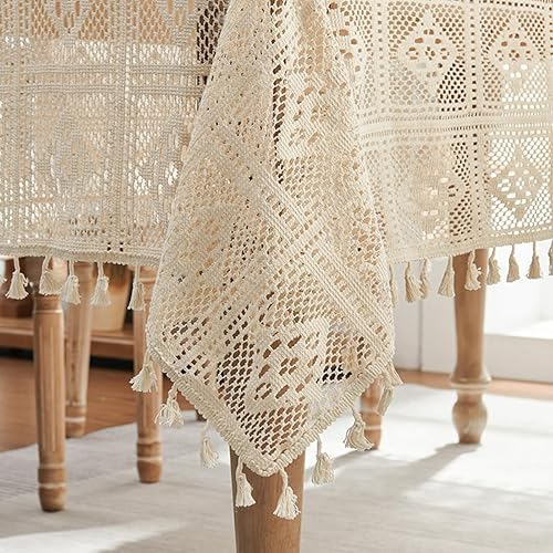 Miniatura 4 de Tootop Mantel de Algodón y Lino Bohemio Geométrico a Cuadros, Mantel Cuadrado Vintage de Ganchillo con Flecos Beige para Cocina Comedor, Fiesta,