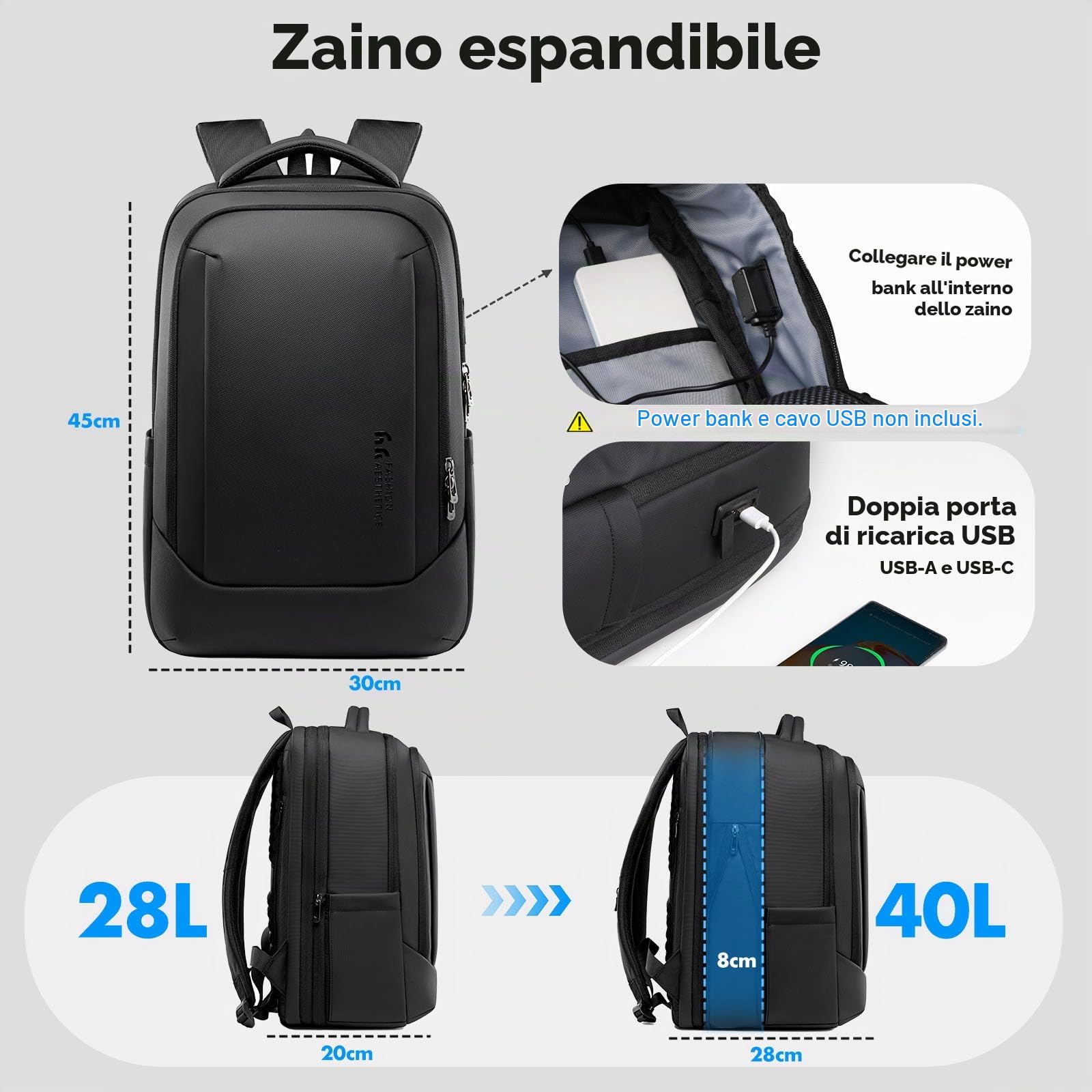 hk Zaino Espandibile 40L per Laptop 16 pollici,Zaino Viaggio Uomo | con porte USB-C e USB-A, Bagaglio a Mano Aereo, Apertura a 180°, Zaino PC Antifurto Impermeabile per Lavoro e Affari, Nero